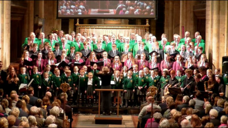 Large group of older and younger choir performers playing in front of a crowd.