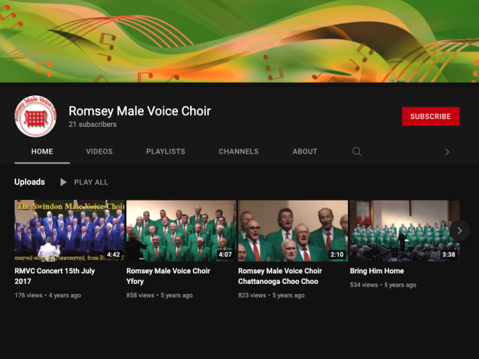 Screenshot of romsey male voice choir youtube channel.